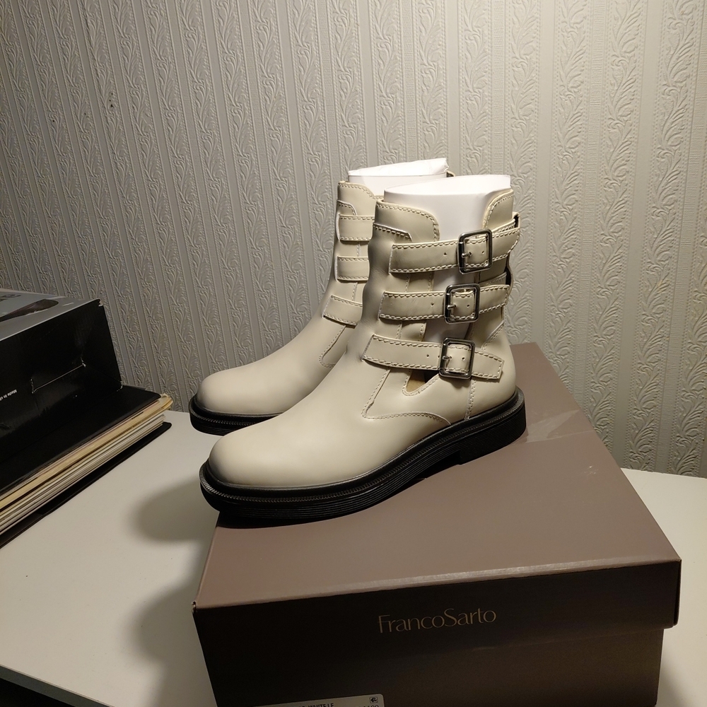 Franco Sarto Women's Cream Buckle Strap Ankle Boots New In Box Size 6